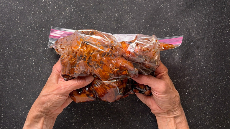 Boneless skinless chicken thighs marinating in a ziplock bag