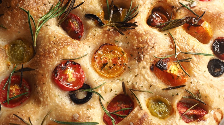 Closeup of baked focaccia bread