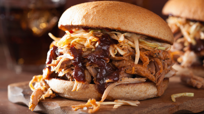 Coleslaw on pulled pork sandwich