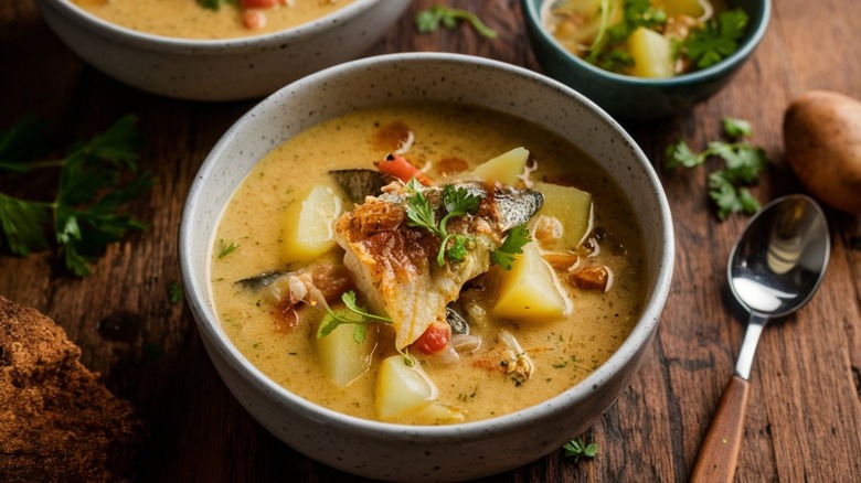 Fish soup in bowl