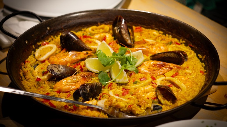 Seafood paella in dish