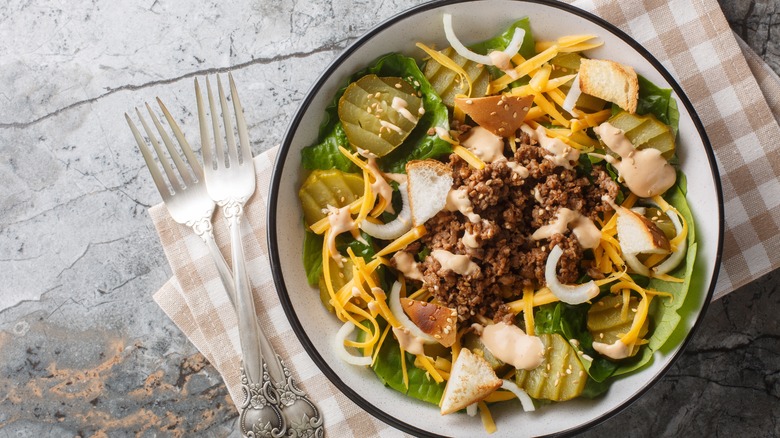 hamburger salad in bowl