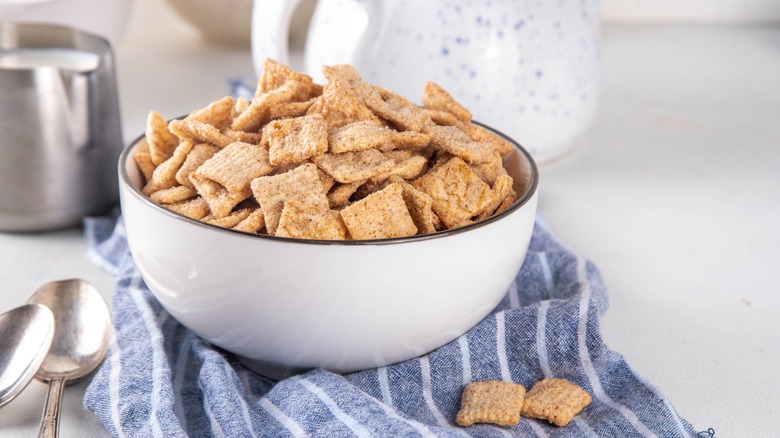 White bowl of Cinnamon Toast Crunch