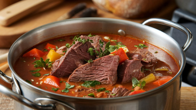 A closeup of a pot of stew