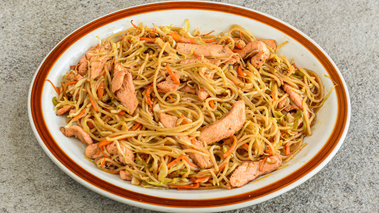 Chicken chow mein on plate