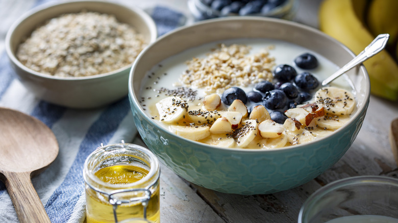 Bowl of cereal with chia seeds blueberries and nuts