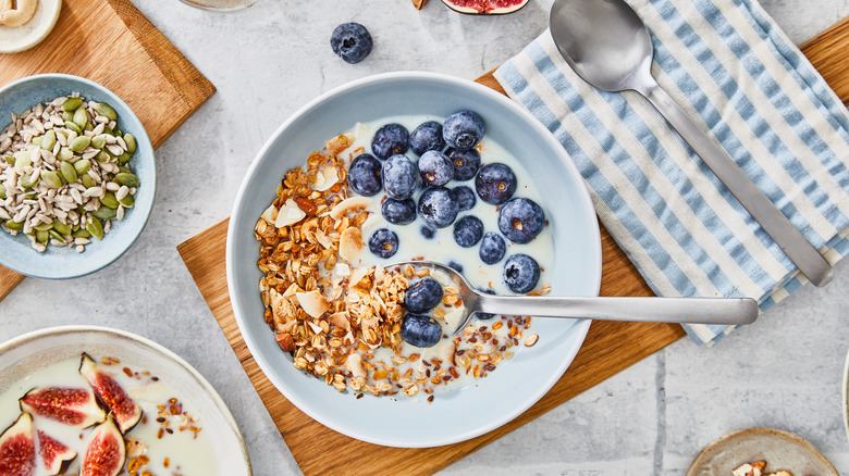 Bowl of muesli cereal with blueberries and milk