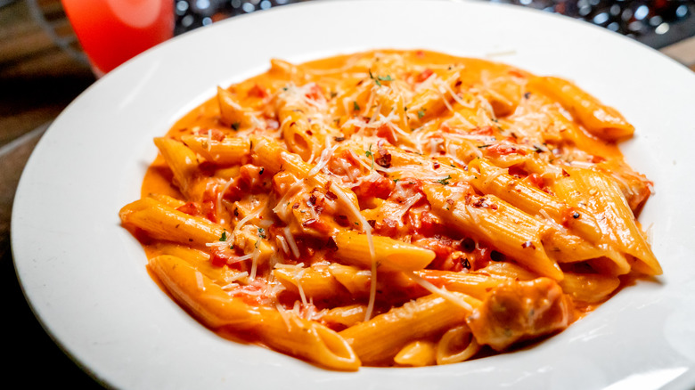 Penne alla vodka in a white bowl