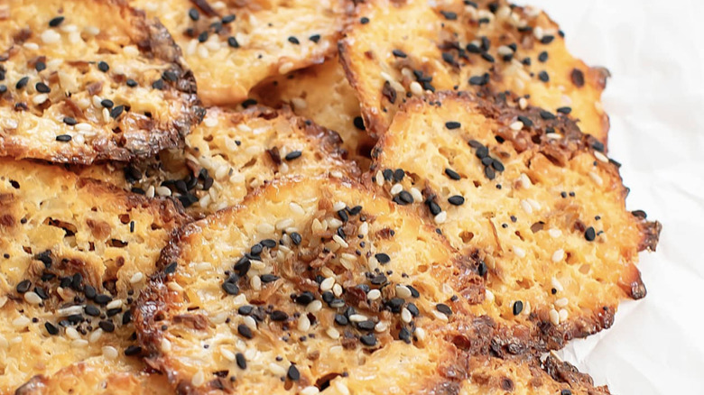 Crunchy cottage cheese chips topped with bagel seasoning