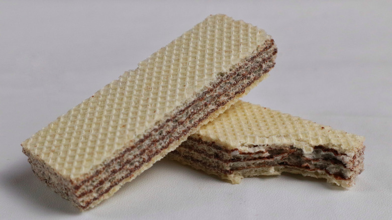 Two chocolate-filled wafer cookies, one leaning over the other, the bottom with a bite taken out of it, on a white background.