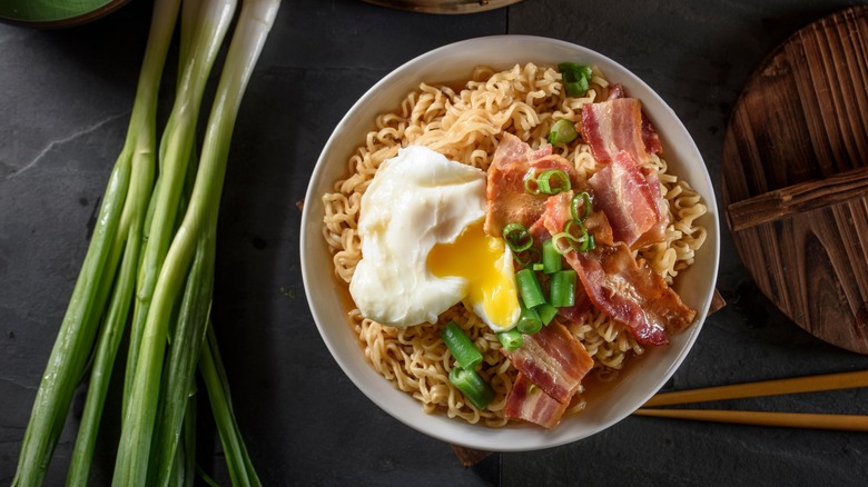 Ramen with bacon, eggs, and scallions