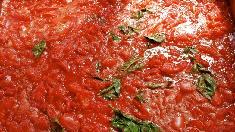 close up of tomato sauce with basil