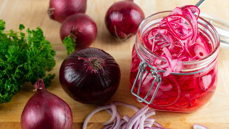Pickled red onions and whole red onions
