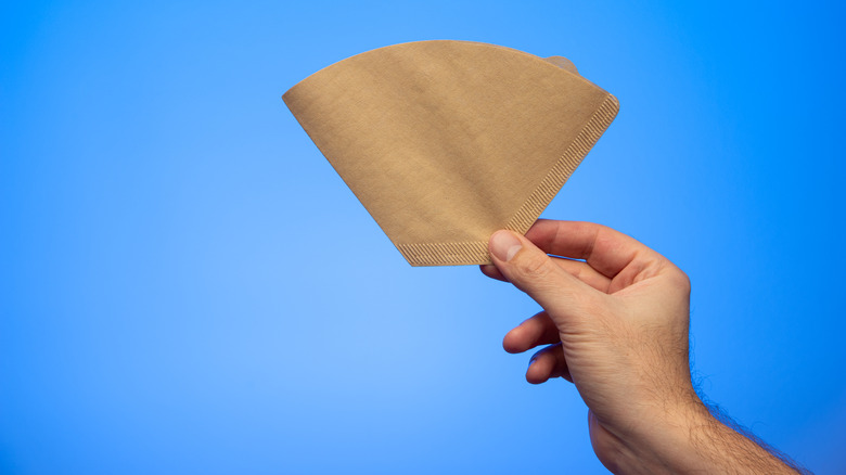 Hand holds a coffee filter against blue background