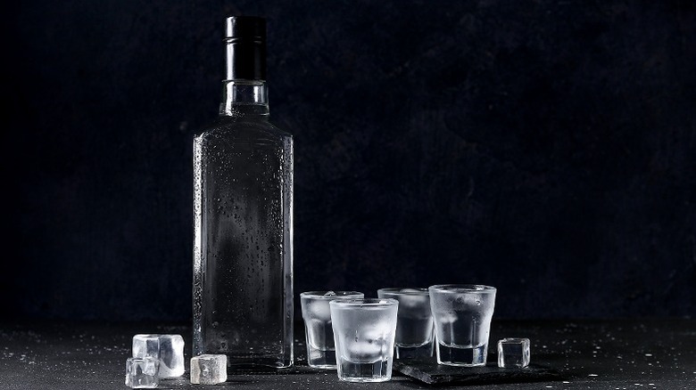 Black vodka bottle and glasses