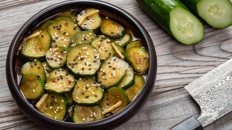 Pickled cucumbers with soy sauce and sesame seeds