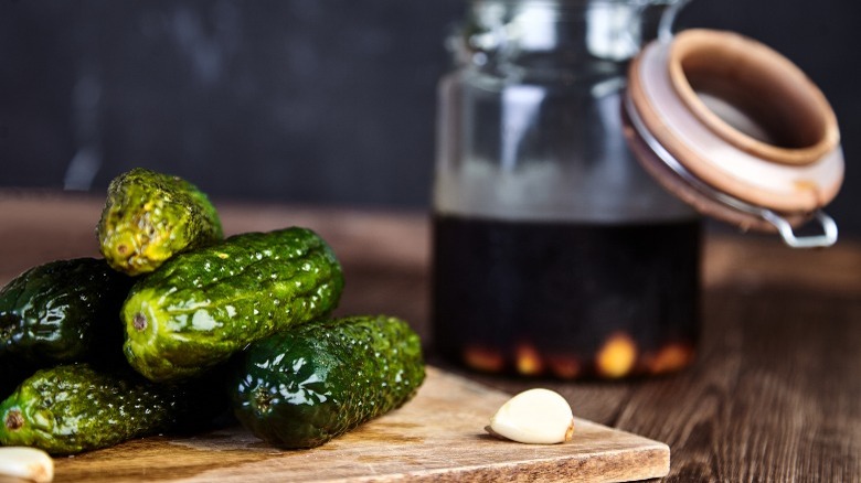 Pickled cucumbers and jarred soy sauce