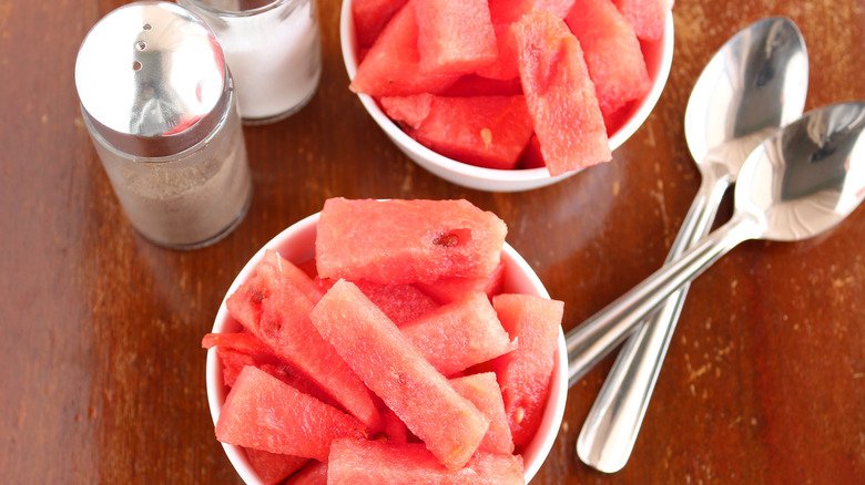 Watermelon with salt shaker