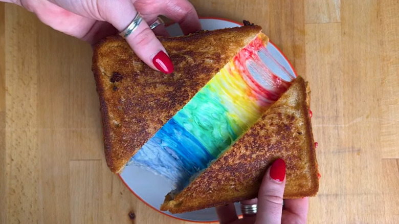 Rainbow grilled cheese sandwich cheese pull