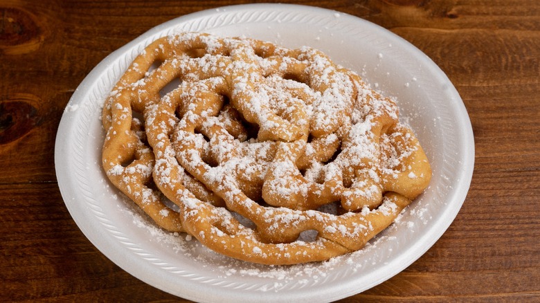 Funnel cake on styrofoam plate