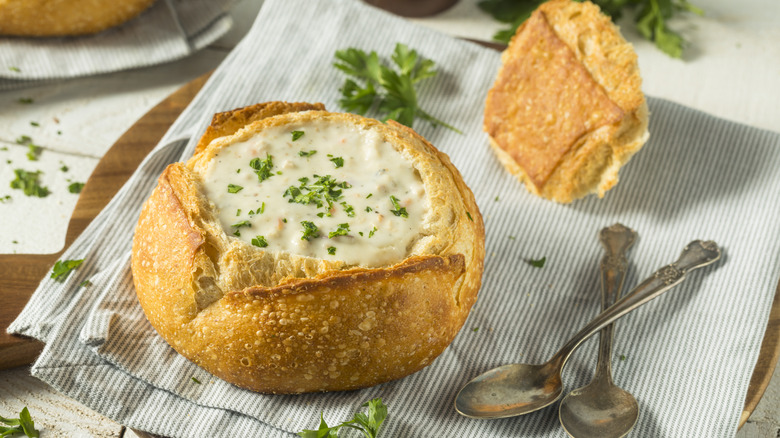 New England clam chowder in bread bowl