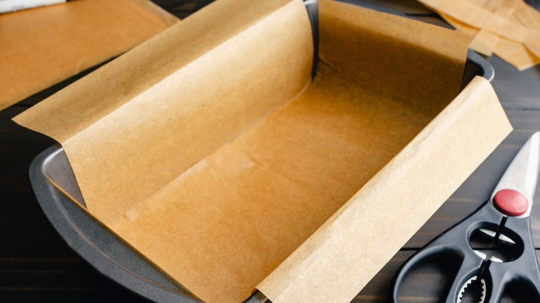 Loaf pan lined with parchment