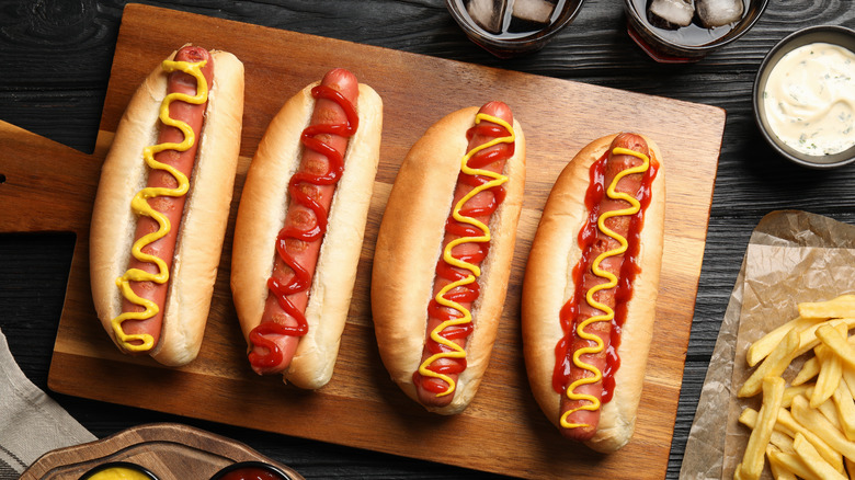 Hot dogs on cutting board