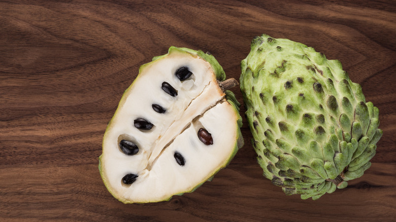 Cherimoya fruit sliced in half