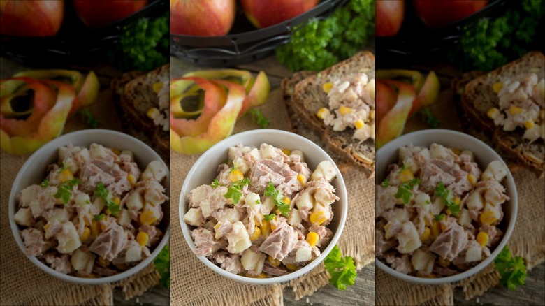 Bowl of tuna with apples and corn