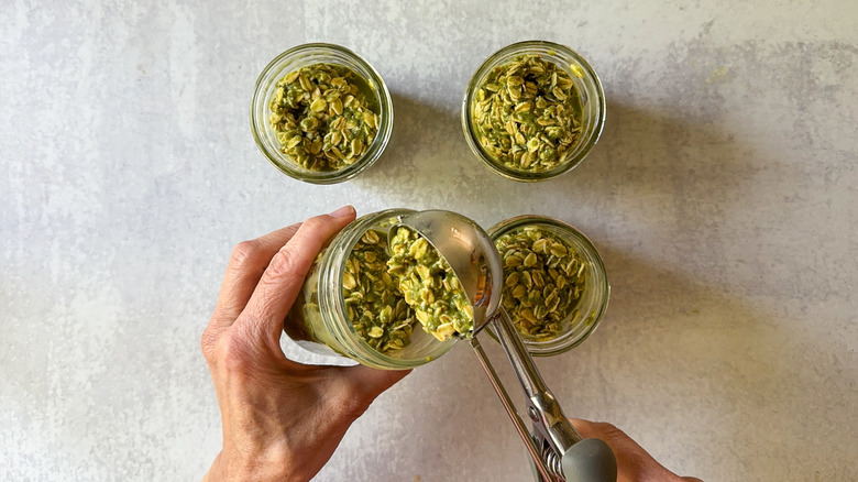 Adding matcha almond overnight oats to jars with large scoop