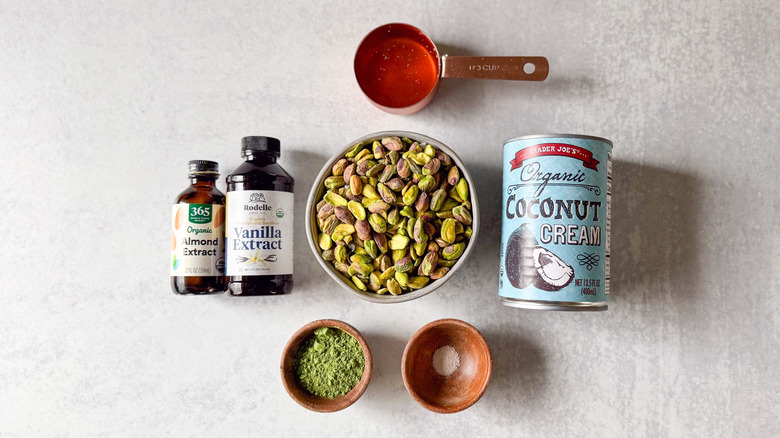 Matcha pistachio popsicle ingredients on countertop
