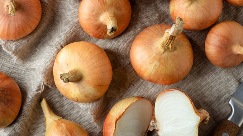 Onions sitting on fabric