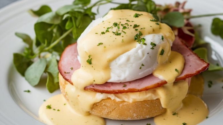 Plate of Eggs Benedict with microgreens