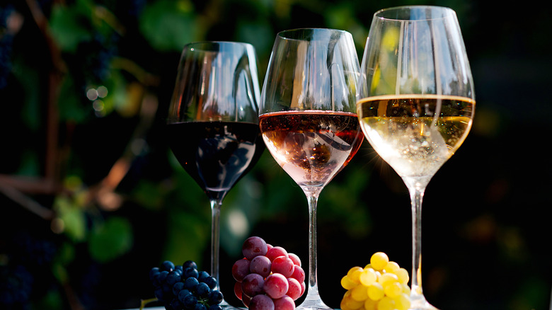 red, white, and rose wine in glasses