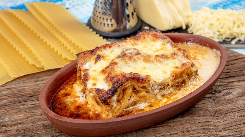 Oily lasagna in a dish