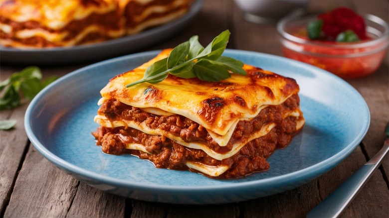 Slice of lasagna on a plate