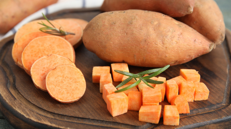 Sweet potatoes sliced and cubed
