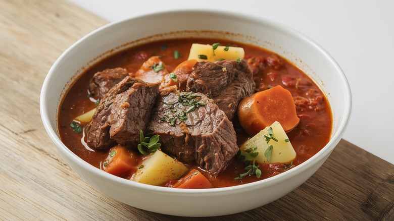 A white bowl of beef stew with meat, carrots, and potatoes on a wooden counter