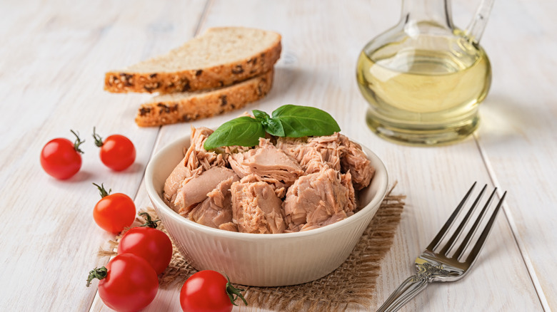 Canned tuna in small bowl