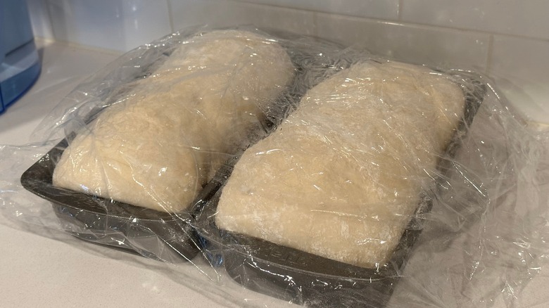 Two loaves of white bread proofing