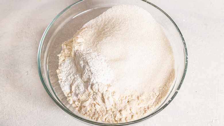 bowl with flour, sugar, salt, and baking powder