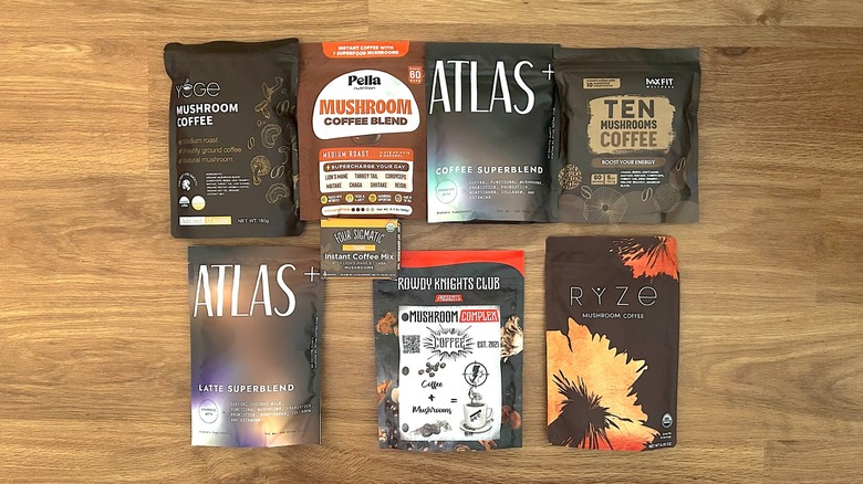 Assorted mushroom coffee brand packages