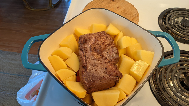 seared pot roast in Dutch oven