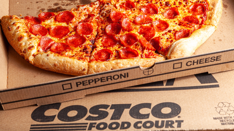 Costco pepperoni pizza on the company's branded pizza boxes