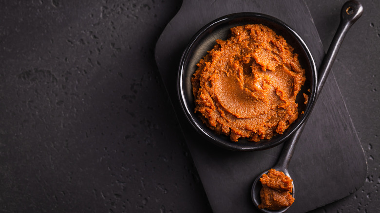 Black spoon and bowl of miso paste