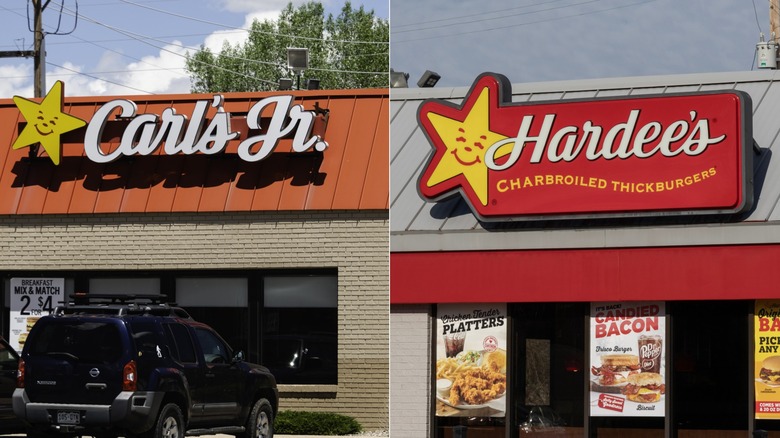 a split image with a carl's jr. on the left and a hardee's on the right