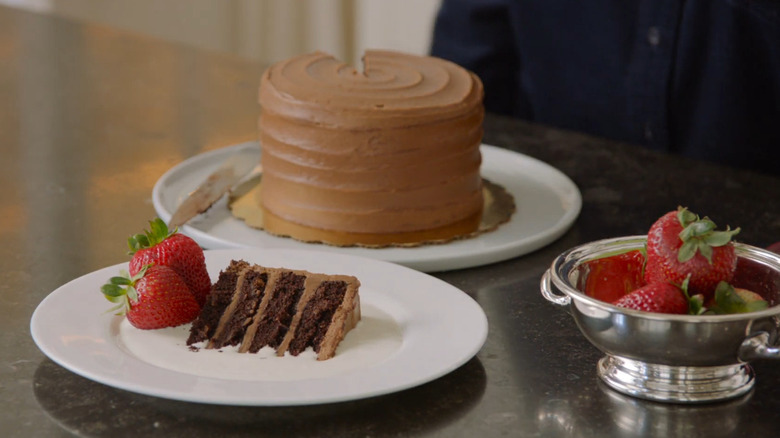 Slice of chocolate cake on plate