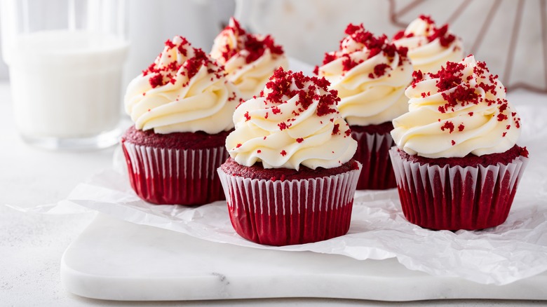 Red velvet cupcakes on display