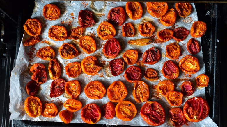 oven-dried cherry tomatoes on rack