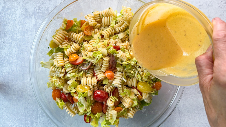 Adding bacon mayo dressing to over-the-top BLT pasta salad